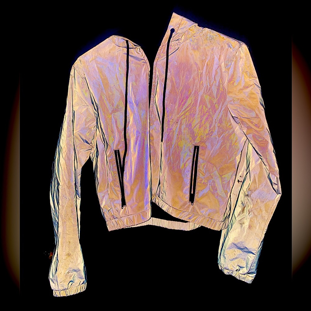 Reflective grey windbreaker jacket with durable material